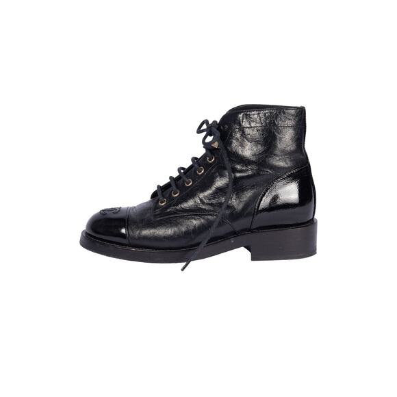 CHANEL Shoes - CHANEL Black Leather Lace Up CC Boots Size 37.5